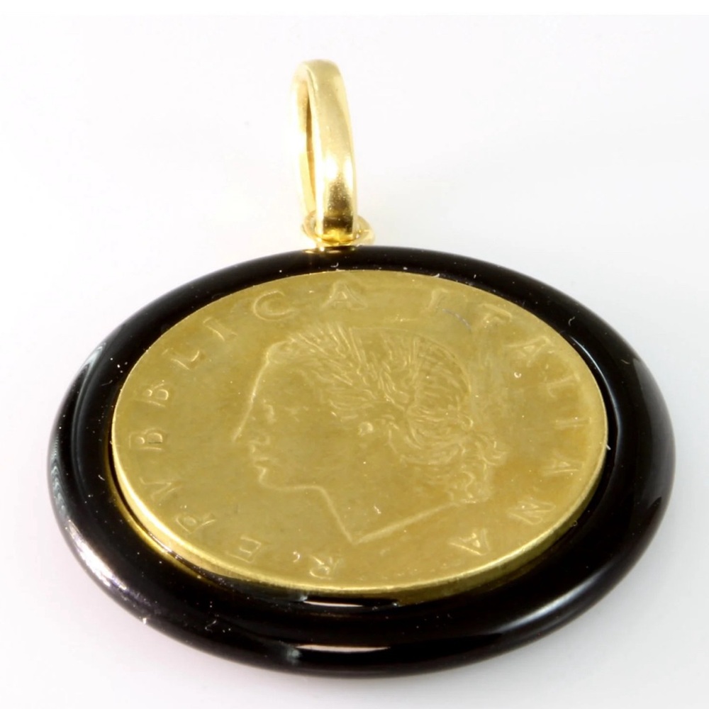 Italiana Lira Coin Black Onyx 14K Gold Pendant